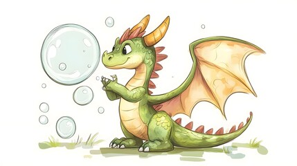 Fototapeta premium Playful hand-drawn dragon character blowing bubbles, full of fun and imagination. Hand-Drawn Illustrations
