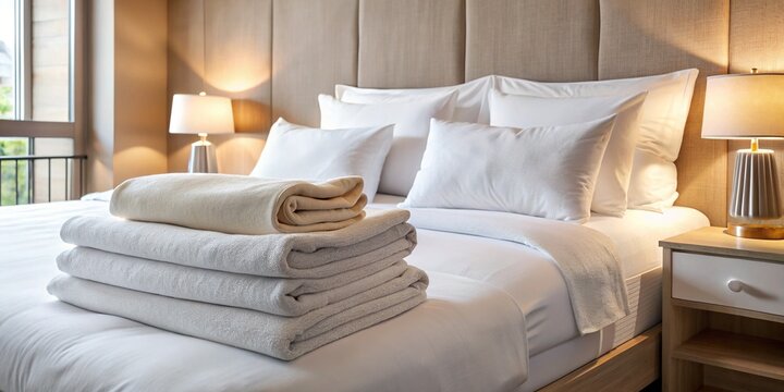 Crisp, freshly laundered white hotel linens, including a plush duvet, pillowcases, and towels, are neatly arranged on a luxurious bed, evoking comfort and relaxation.