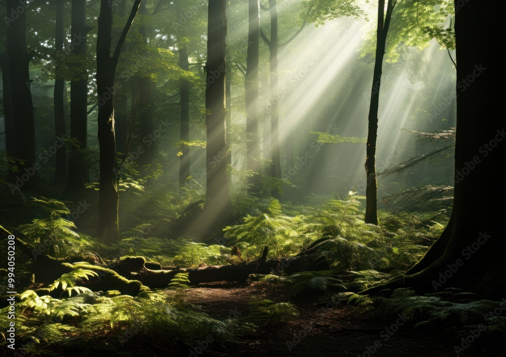 Aufkleber sunlight filtering through trees in a dense forest creates a serene nature atmosphere