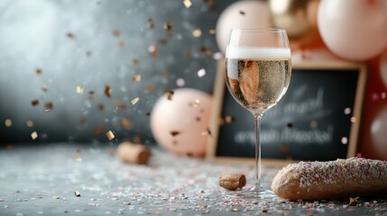 An elegant champagne glass filled with sparkling wine, surrounded by festive confetti and a chalkboard in the background, symbolizing celebration and joyous moments.
