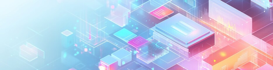 Fototapeta premium Abstract digital landscape with colorful geometric shapes and glowing elements.