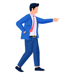 A man in a blue suit with a red tie is pointing forward confidently. Ideal for business communication professional attire leadership corporate presentations and confident body language. Simple flat