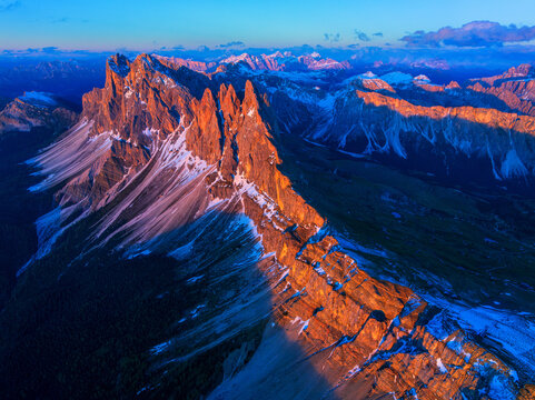 Aerial view of  Seceda at sunset