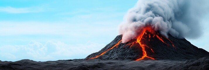 Dramatic Eruption of a Volcano with Lava Flowing and Smoke Billowing Against a Blue Sky
