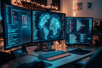 Naklejka premium Cybersecurity and Global Connectivity in a Modern Workspace with Multiple Monitors Displaying Code and Digital World Map