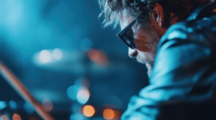A musician is deeply engrossed in playing the drums on a stage with atmospheric lighting, highlighting the intense focus and passion of live performance in a concert setting.