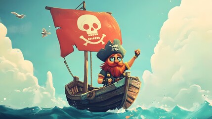 Whimsical hand-drawn pirate character on a small boat, ready for an adventurous sea journey. Hand-Drawn Illustrations