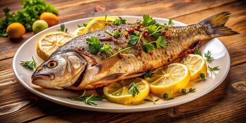 Freshly cooked whole fish, golden brown and glistening, rests on a white plate, garnished with lemon wedges and parsley, against a warm, earthy background.