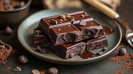 Rich dark chocolate bars stacked on a plate with cocoa powder and chocolate chips on a dark background
