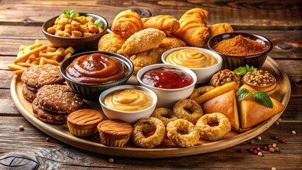 Golden-brown fried foods, rich sauces, and velvety pastries temptingly arranged on a plate, symbolizing unhealthy indulgences contributing to high cholesterol levels.