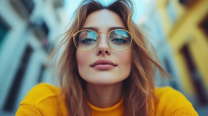 Close-up shot of a fashionable woman in a yellow sweater, posing confidently on the street. Her bold look and vibrant style embody modern, youthful energy.