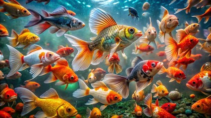 Fototapeta premium Diverse Close-up Images of Various Goldfish Breeds in Vibrant Colors and Unique Patterns Underwater
