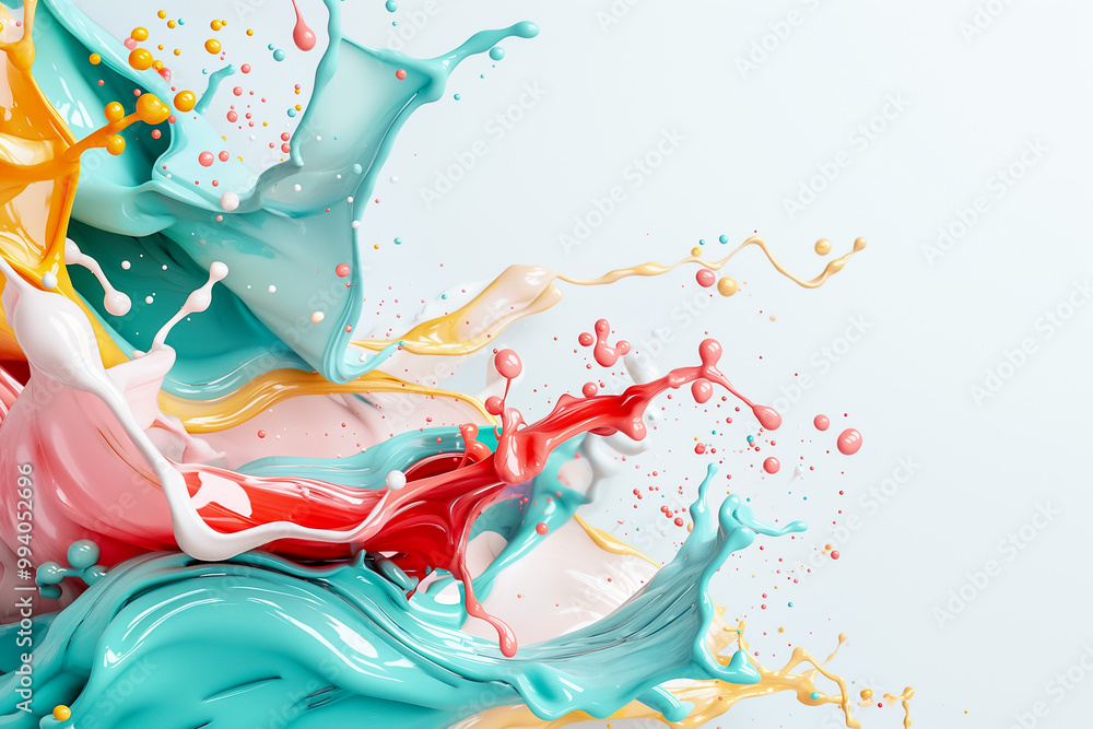 Poster a lively display of colorful liquid splashes against a soft background, creating an energetic visual