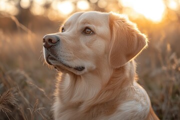A golden retriever gazes thoughtfully as the sun sets, showcasing its calm demeanor