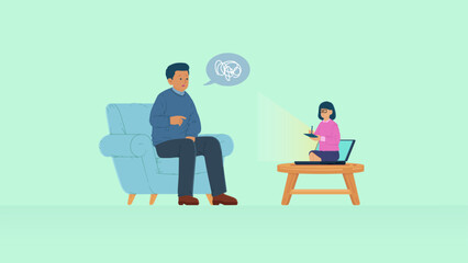Fototapeta premium Vector Illustration of Online Psychologist Consultation. Scene of Person Talking to Psychotherapist Via Laptop. Private Psychology Scene. 