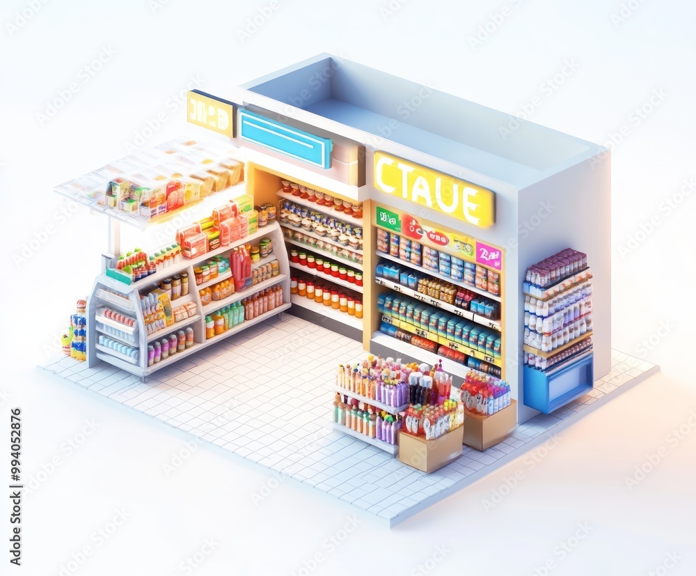 Poster A colorful convenience store display with various food and drink items.