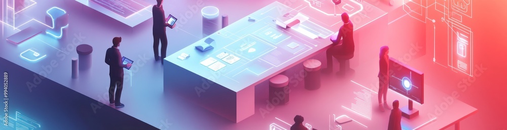 Poster a modern workspace showcasing collaboration and technology with digital interfaces.