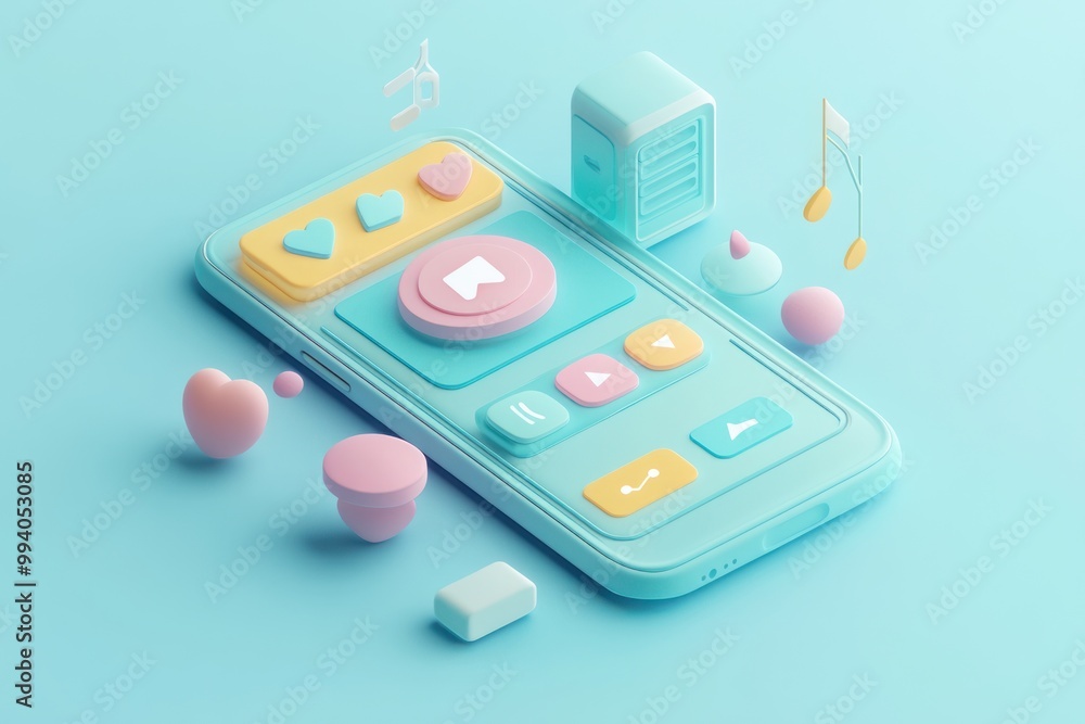 Poster a colorful 3d illustration of a smartphone with playful icons and buttons for interaction.