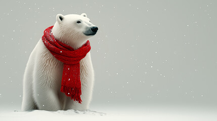 a majestic polar bear with a red scarf around his neck stands in the snow during a snowfall on a white background