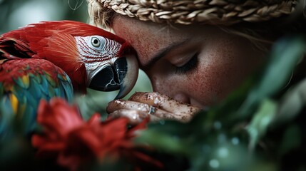 A vibrant parrot with striking red and blue feathers sits next to a red flower, with a blurred person in the background adding depth to the composition.