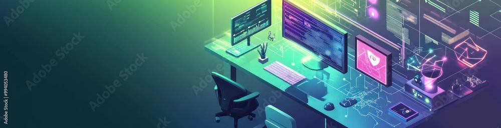 Aufkleber a digital workspace featuring monitors, coding elements, and tech-inspired design.