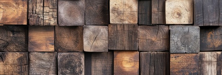 Rustic Wooden Blocks with Visible Cracks and Grain, Panoramic Banner

