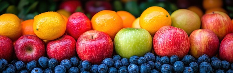 A colorful array of apples, oranges, lemons, and blueberries at the grocery store