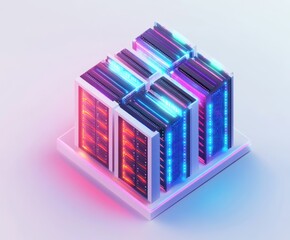 A futuristic arrangement of glowing data servers on a sleek platform.
