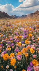 Fototapeta premium A vibrant field of colorful wildflowers stretches across an expansive desert landscape, framed by majestic mountains under bright blue sky. scene evokes sense of tranquility and natural beauty