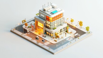 Obraz premium A modern building with a pool, shops, and trees, showcasing urban architecture.