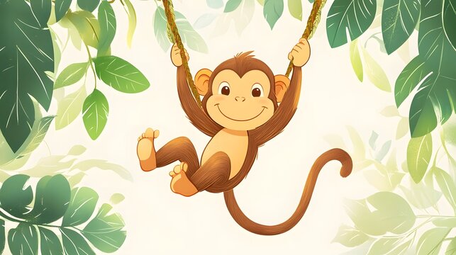 Hand-drawn character of a playful monkey swinging from a vine, full of energy and fun. Hand-Drawn Illustrations