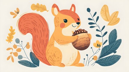 Playful hand-drawn character of a squirrel eating a giant acorn, full of charm and whimsy. Hand-Drawn Illustrations