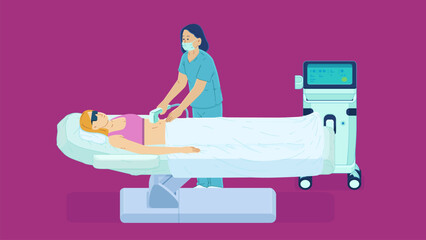 Vector Illustration of A Nurse Provides Care To A Patient Using A Aesthetic Medical Equipment. Aesthetic Treatment Scene.