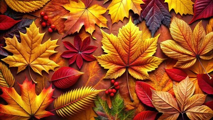 Fototapeta premium Verdant Autumnal Tapestry: Intricate illustration of autumn leaves in vibrant hues, capturing the essence of the season's foliage. 