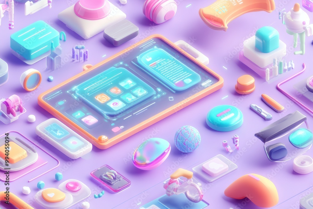 Poster a vibrant collection of digital interface elements and icons on a colorful background.