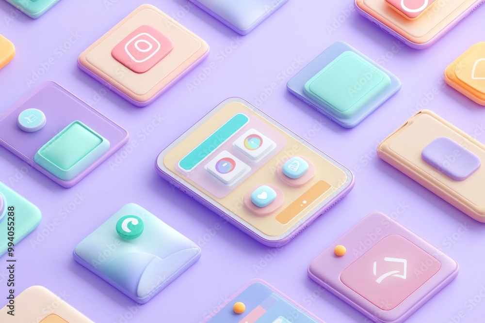 Sticker Colorful 3D icons arranged on a purple background, representing various app functionalities.