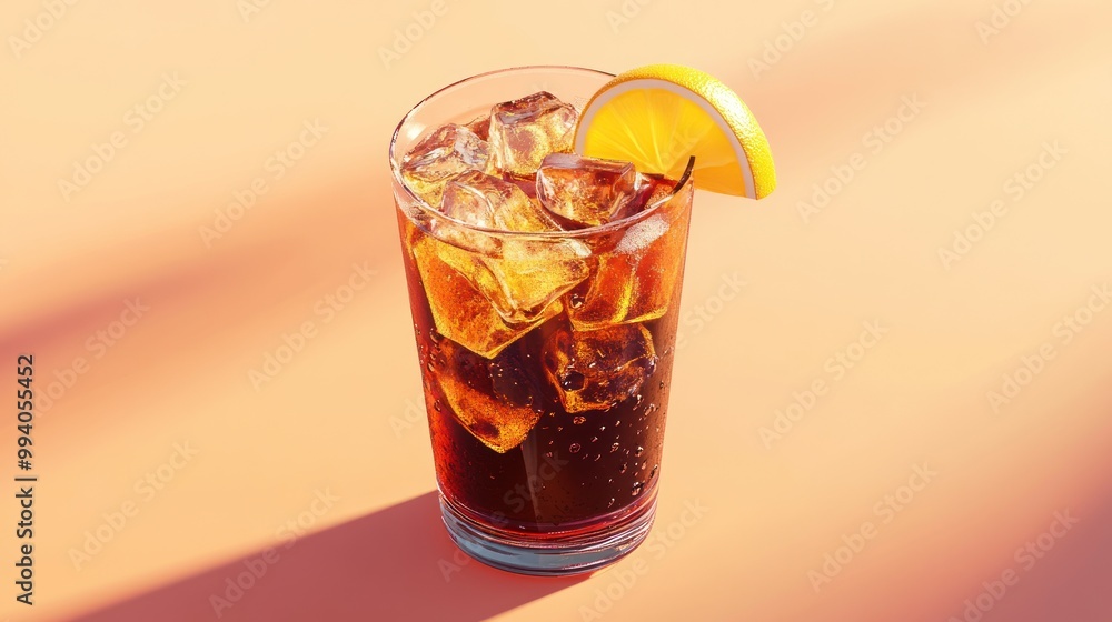 Poster a refreshing drink with ice and a lemon slice in a clear glass.