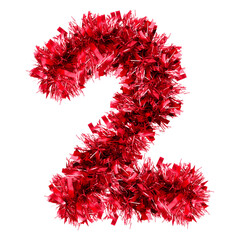 number 2 made from New Year's tinsel, isolated Christmas tinsel, tinsel garland