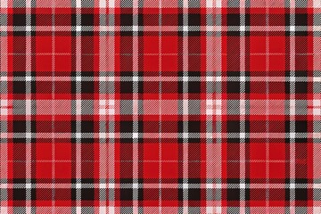 Vibrant red and black plaid pattern in a stylized vector illustration with bold lines, geometric shapes, and subtle texture on a clean white background.