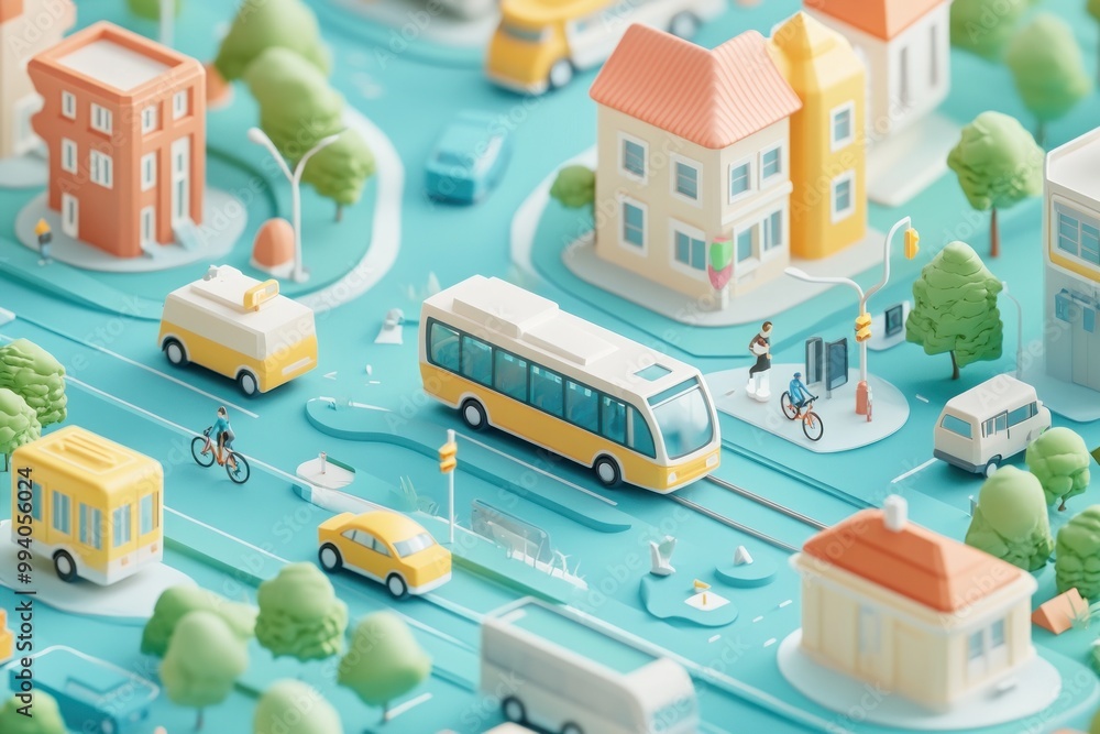 Canvas Prints A vibrant, miniature cityscape featuring buses, bicycles, and houses in a playful layout.