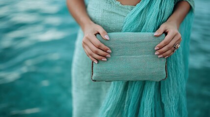 An elegant image featuring a woman standing by the water in a teal outfit holding a matching teal clutch bag, capturing the calm and affluent feel of the scene.