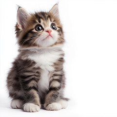 A close-up of a fluffy kitten with wide eyes