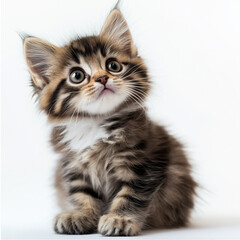 A close-up of a fluffy kitten with wide eyes