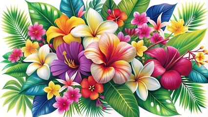 Vibrant tropical floral vector illustrations featuring hibiscus, plumeria, and orchids in colorful arrangements, perfect for summer, travel, or wellness-themed designs and promotions.