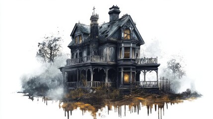 Obraz premium An eerie, vintage mansion shrouded in fog, showcasing intricate architecture and a haunting atmosphere perfect for horror themes.