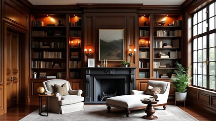 An elegant home library with built-in bookshelves, showcasing a sophisticated collection of books. This refined space offers a quiet retreat for reading and study in style.