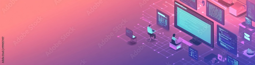 Poster digital workspace illustration featuring coding and technology themes.