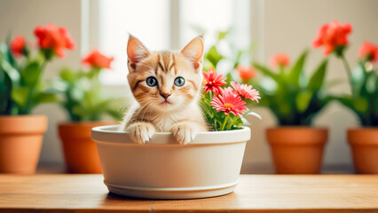 Cute cats in planterns. Kittens inside indoor flower pots between house plants.