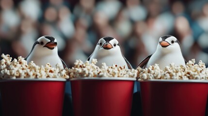 Three cute animated penguins are sitting in a movie theater with red popcorn buckets, creating a playful and delightful scene filled with entertainment and joy.
