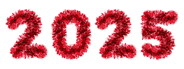 New Year 2025 made from New Year's tinsel, isolated Christmas tinsel, tinsel garland